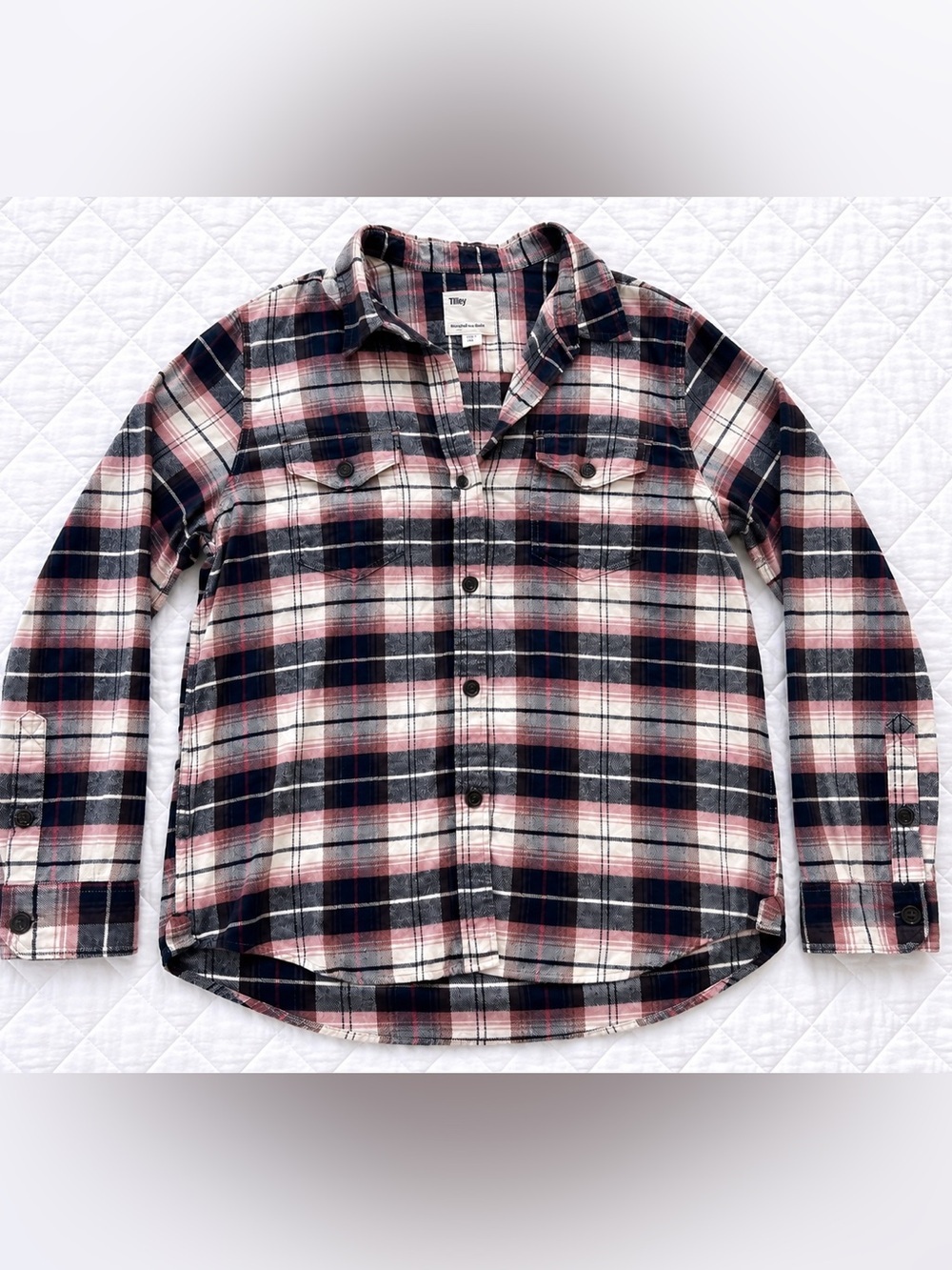 Tilley Organic Cotton Plaid Flannel Shirt Womens Large Pink Navy MC